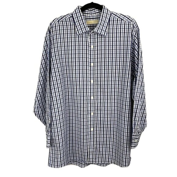 Michael Kors Mens Blue White Gingham Check Button-Front Shirt SZ 17.5 / 32 33 - Picture 1 of 6